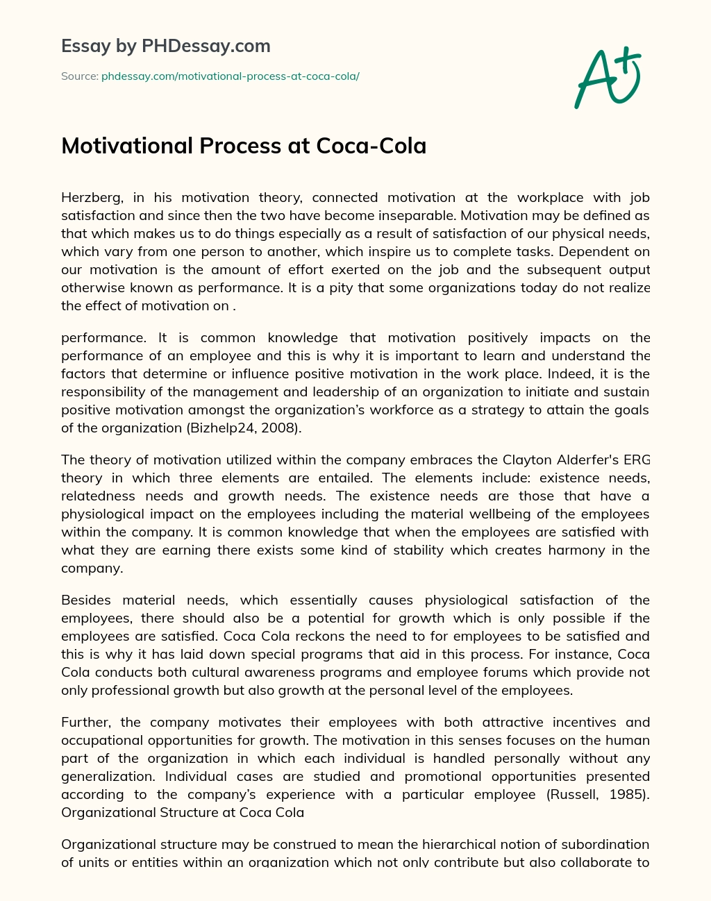 Motivational Process at Coca-Cola essay