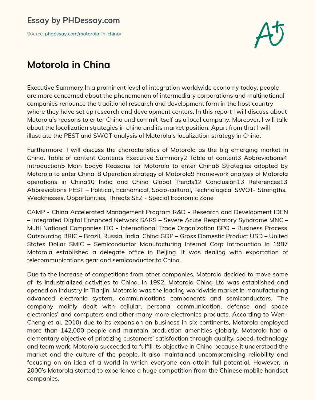 Motorola in China essay