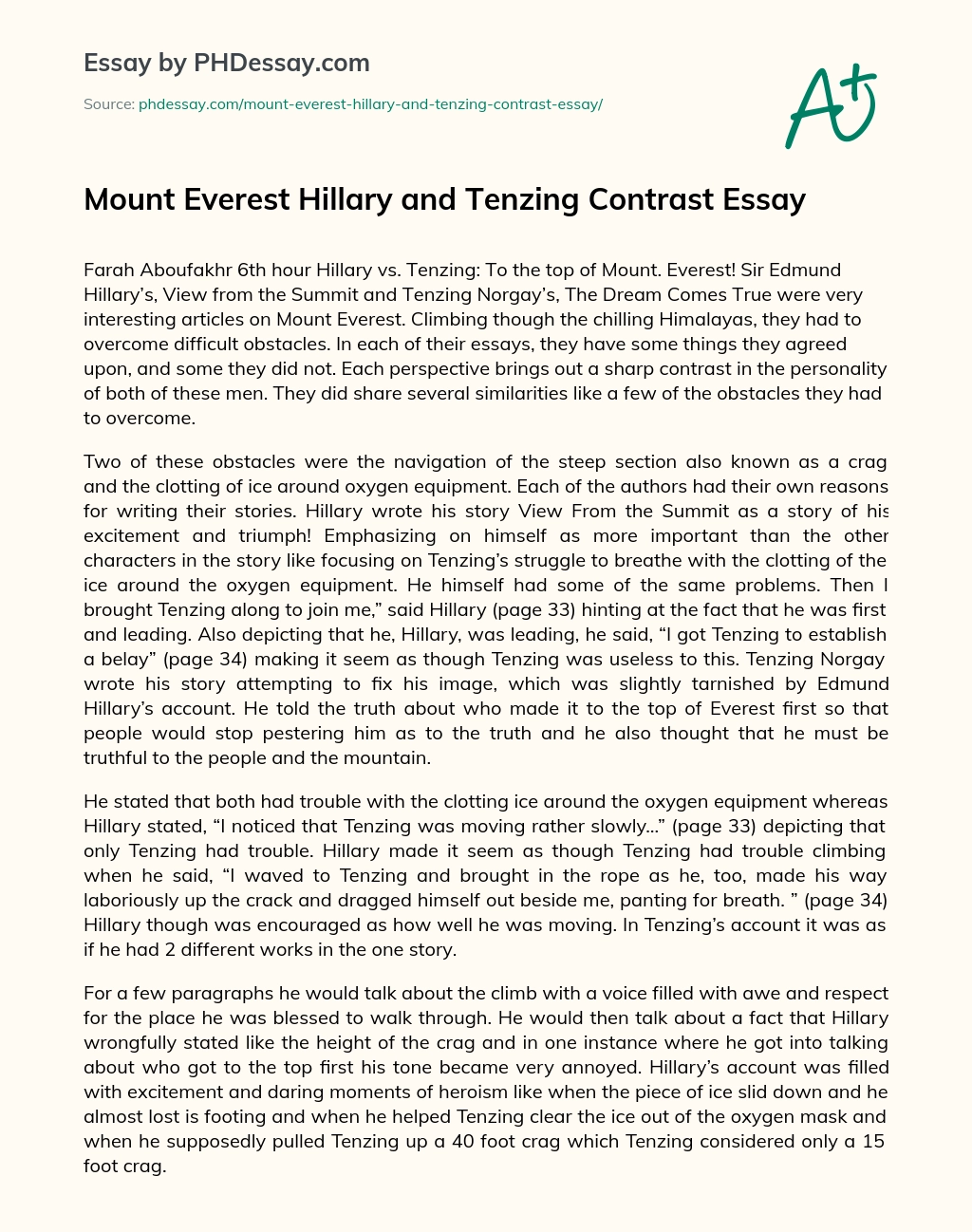 Mount Everest Hillary and Tenzing Contrast Essay essay