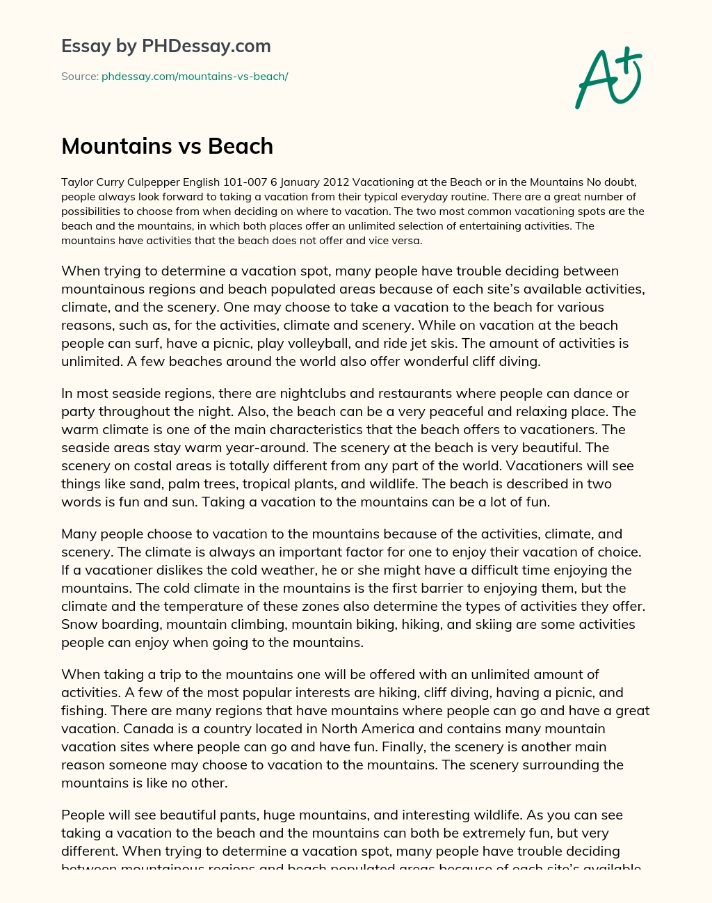 Mountains vs Beach essay