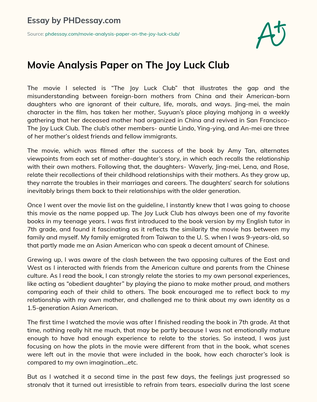 Movie Analysis Paper on The Joy Luck Club essay