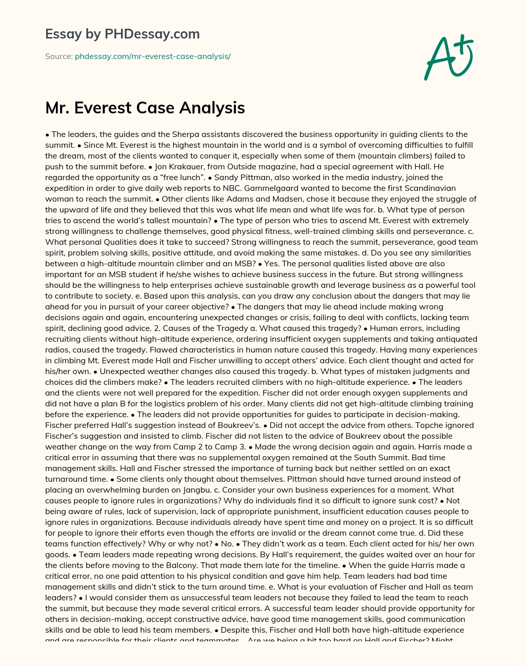 Mr. Everest Case Analysis essay