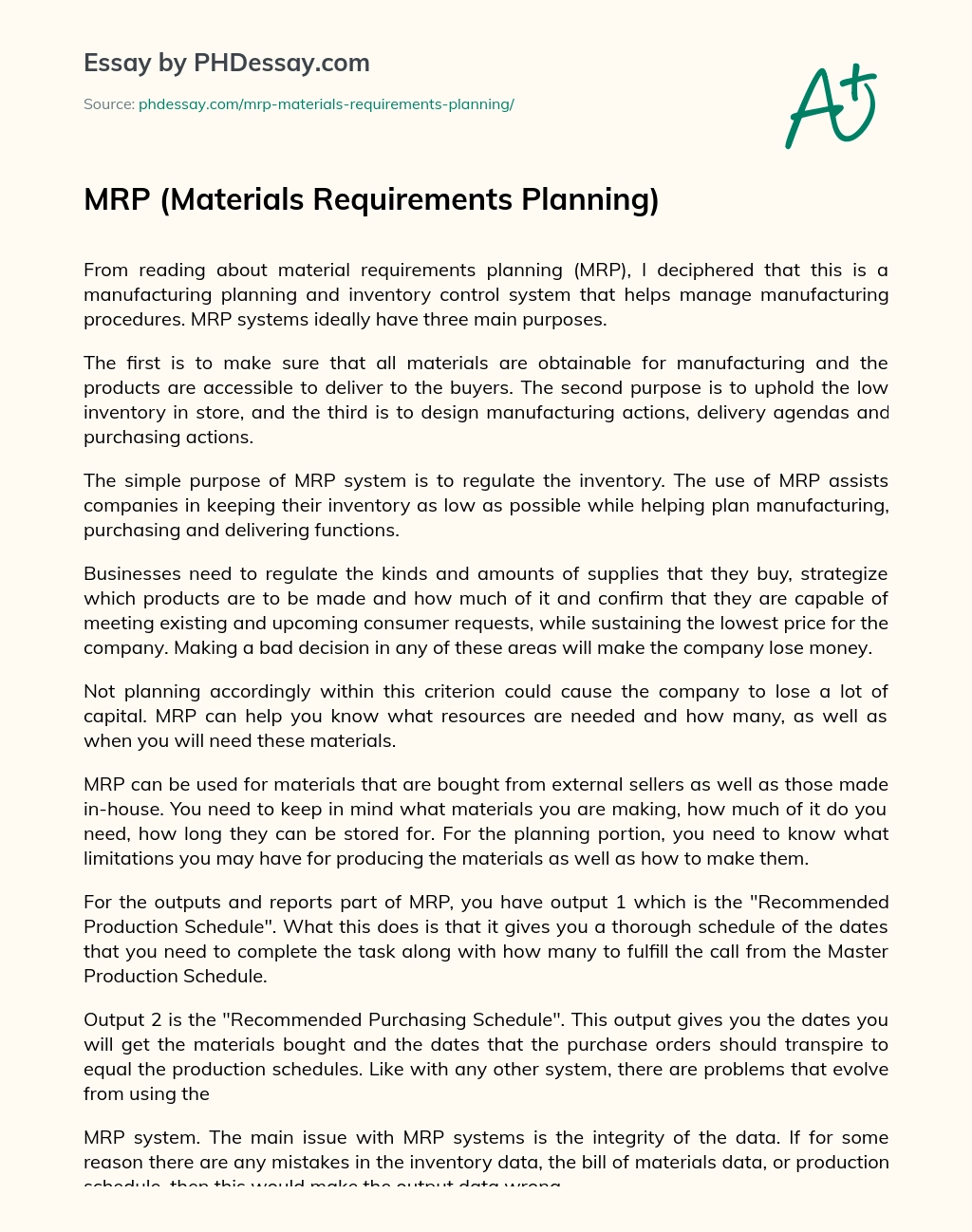 MRP (Materials Requirements Planning) essay