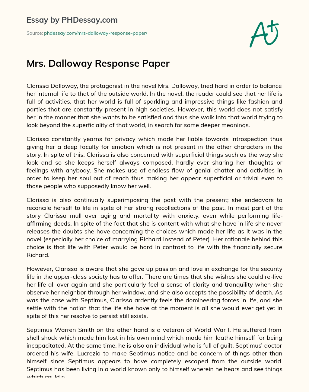Mrs. Dalloway Response Paper essay