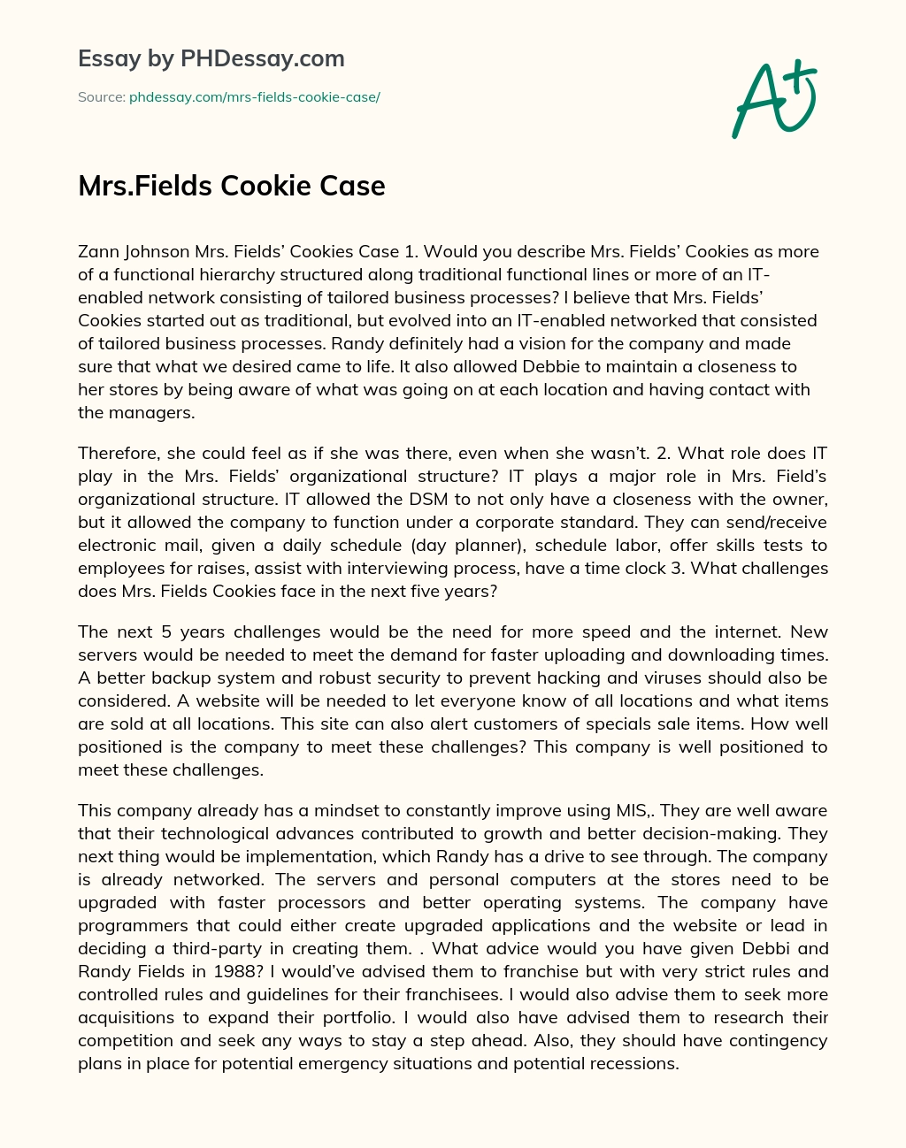 Mrs.Fields Cookie Case essay