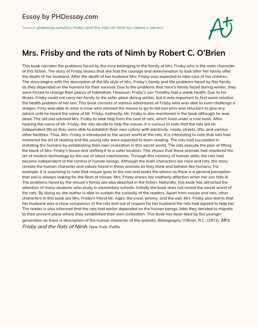 Mrs. Frisby and the rats of Nimh by Robert C. O’Brien essay