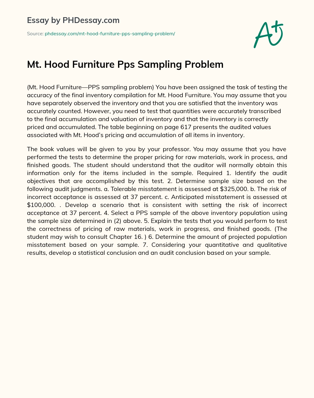 Mt. Hood Furniture Pps Sampling Problem essay