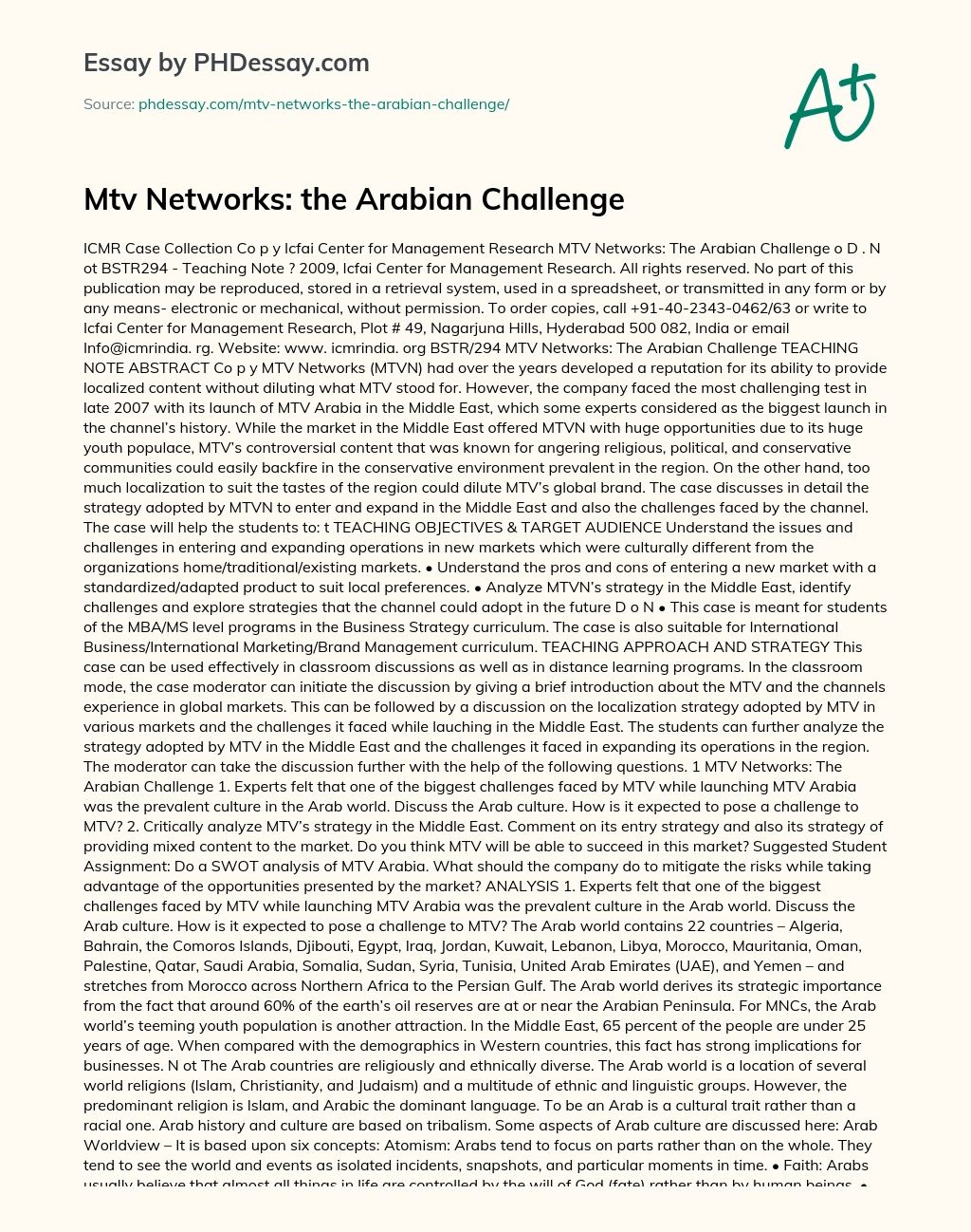 Mtv Networks: the Arabian Challenge essay