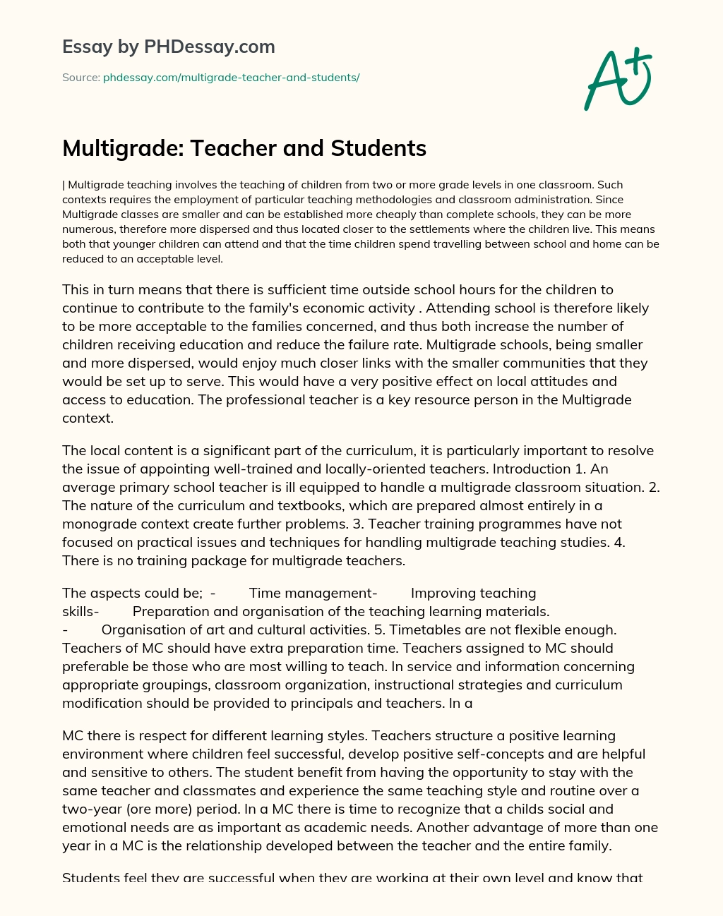 Multigrade: Teacher and Students essay