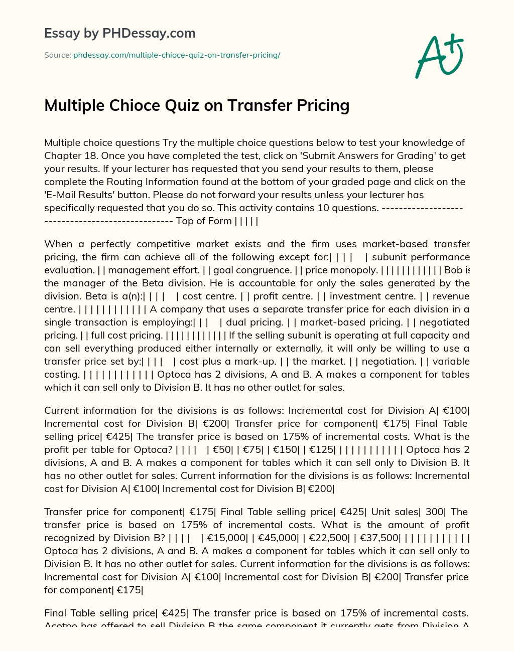 Multiple Chioce Quiz on Transfer Pricing essay