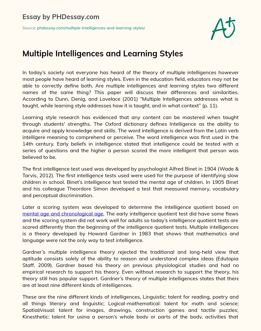 Multiple Intelligences and Learning Styles essay