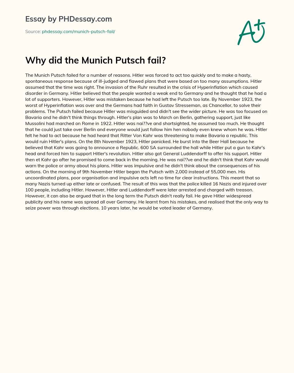 Why did the Munich Putsch fail? essay