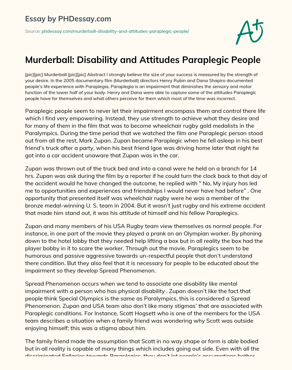 Murderball: Disability and Attitudes Paraplegic People essay
