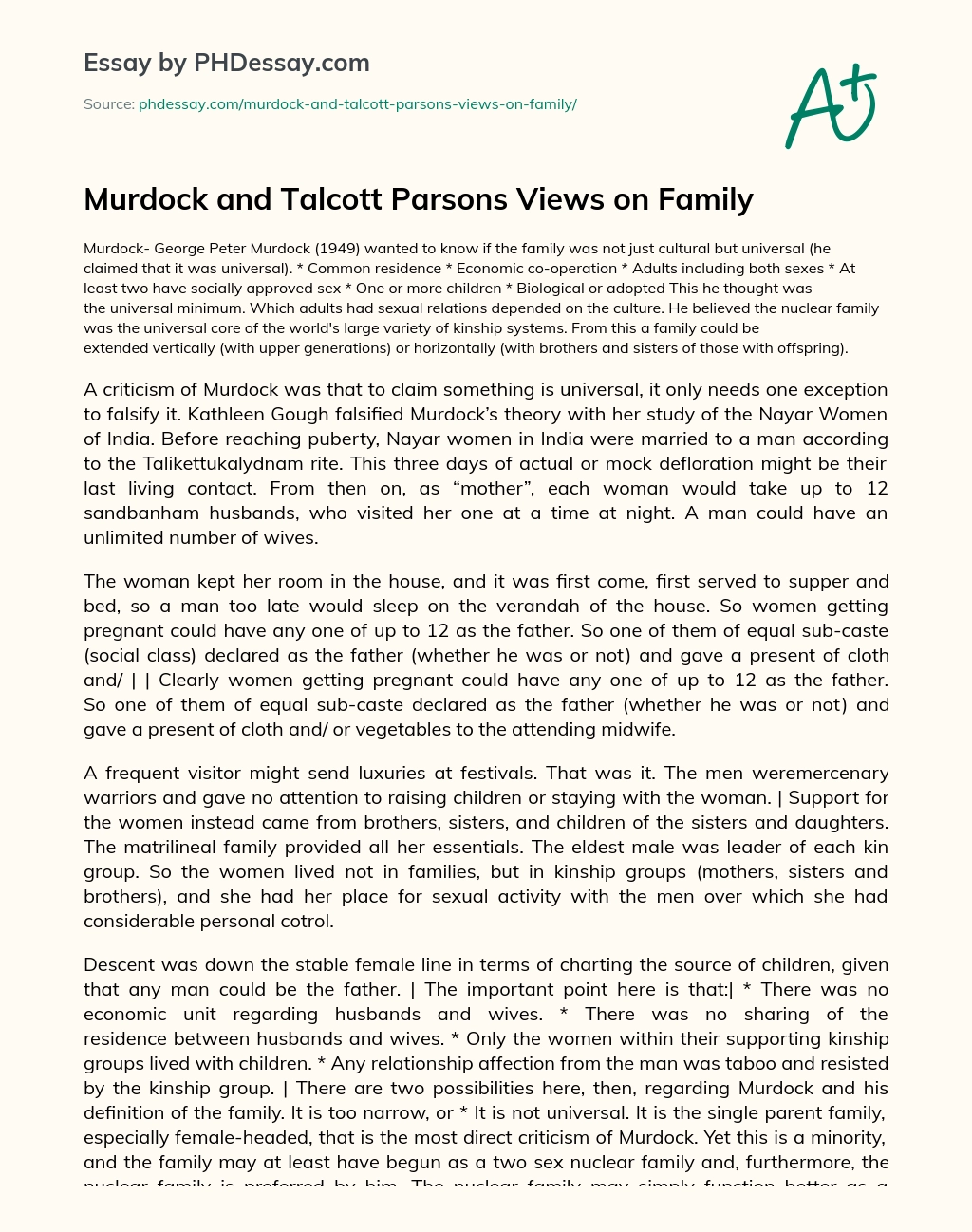 Murdock and Talcott Parsons Views on Family essay