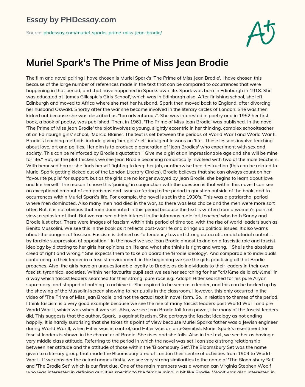 Muriel Spark’s The Prime of Miss Jean Brodie essay