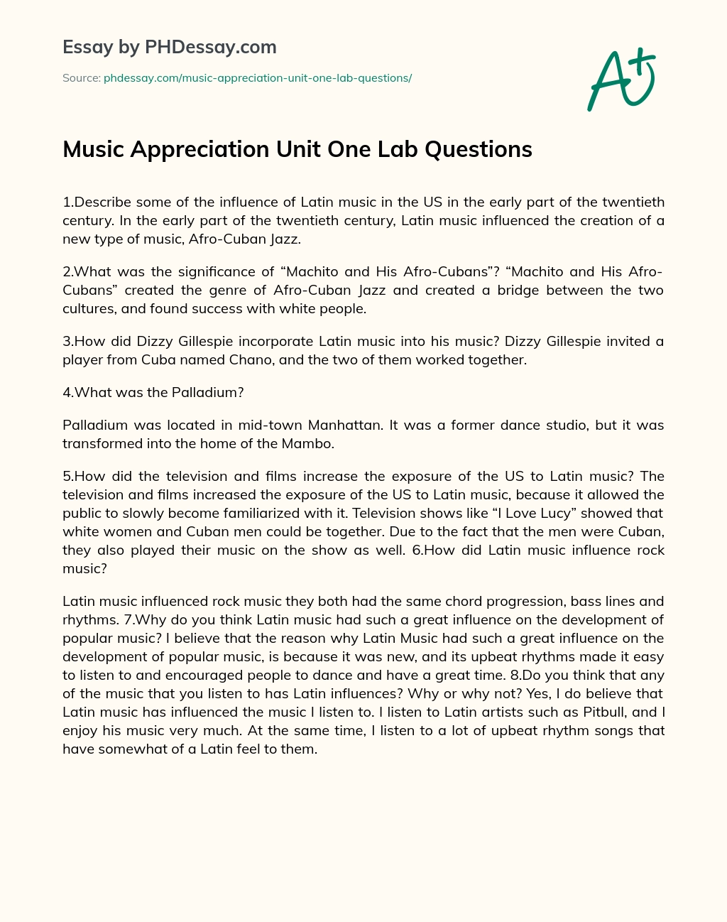 Music Appreciation Unit One Lab Questions essay
