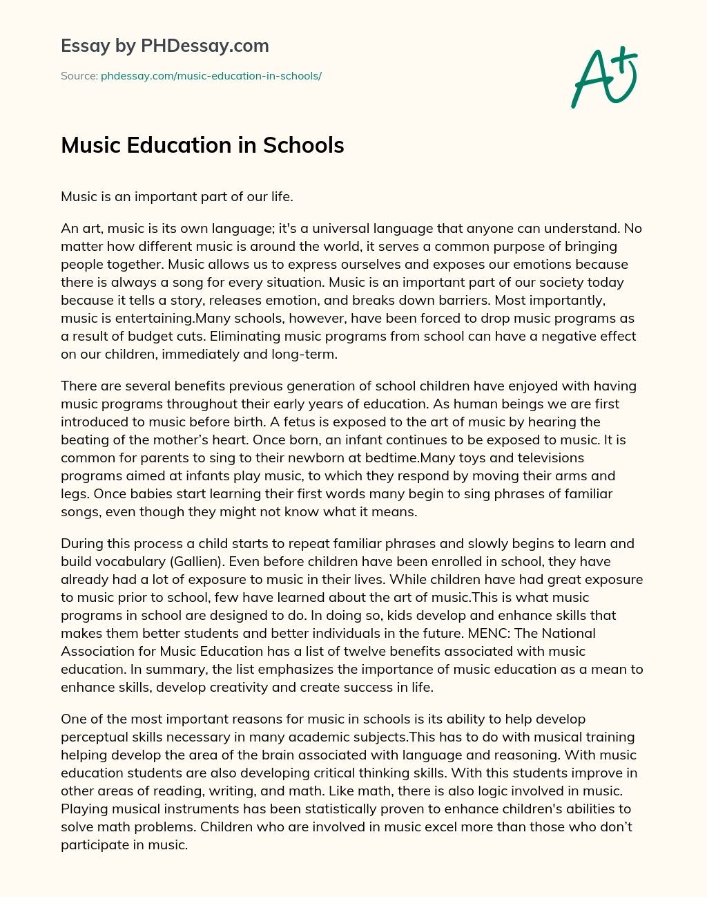 Music Education In Schools Essay Example - PHDessay.com