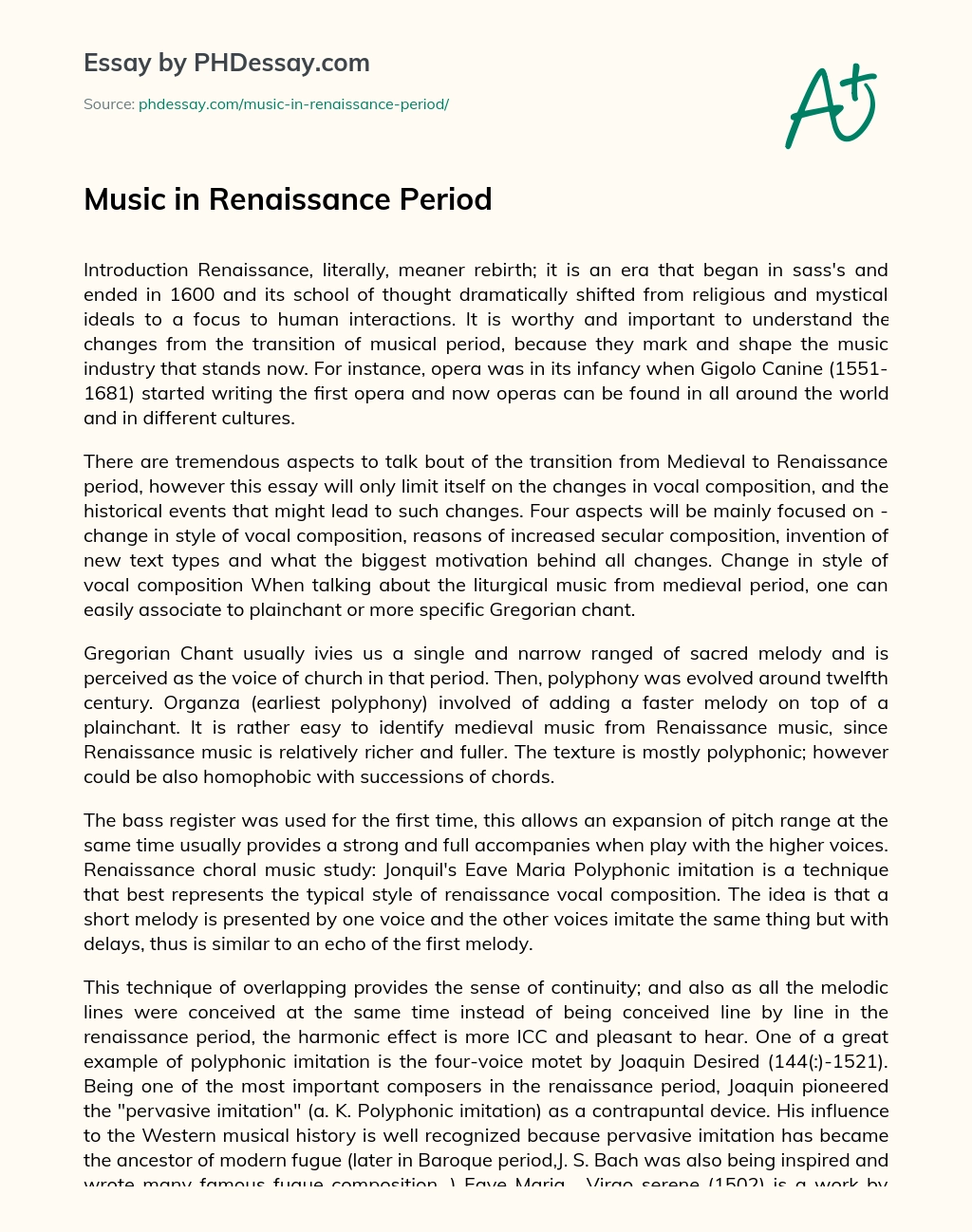 Music in Renaissance Period essay