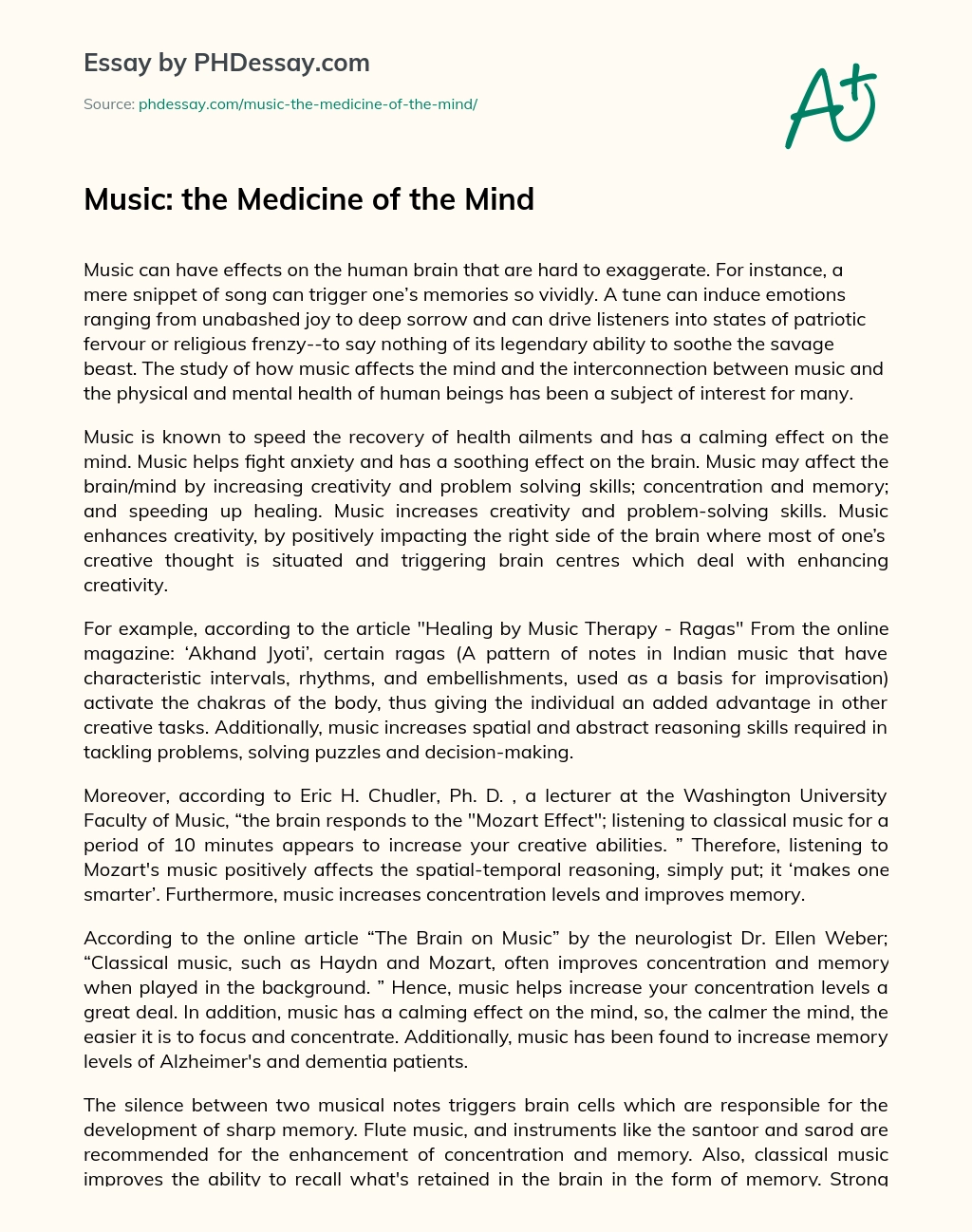 Music: the Medicine of the Mind essay