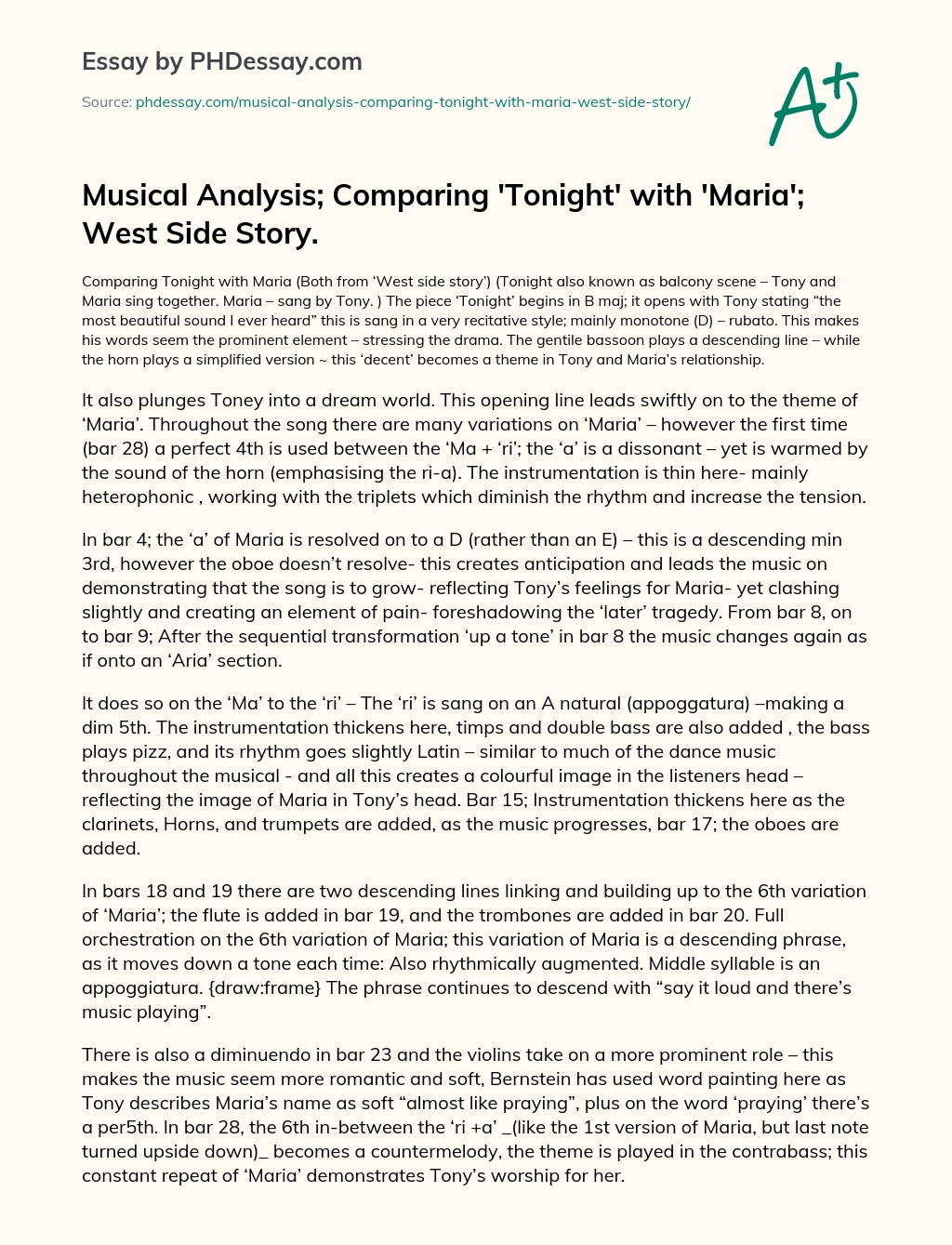Musical Analysis; Comparing ‘Tonight’ with ‘Maria’; West Side Story. essay