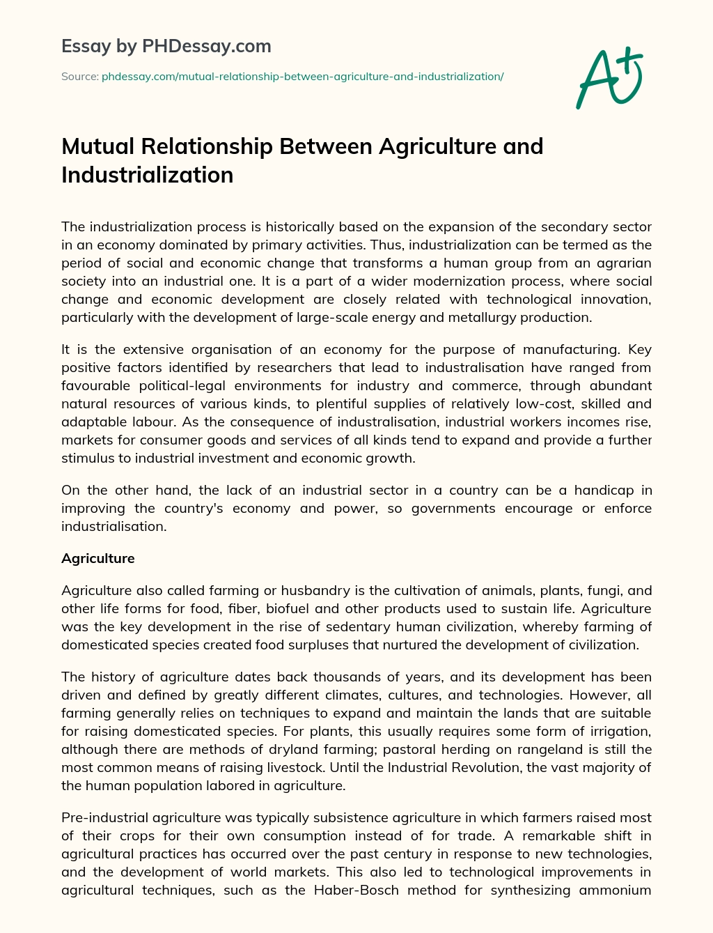 Mutual Relationship Between Agriculture and Industrialization essay