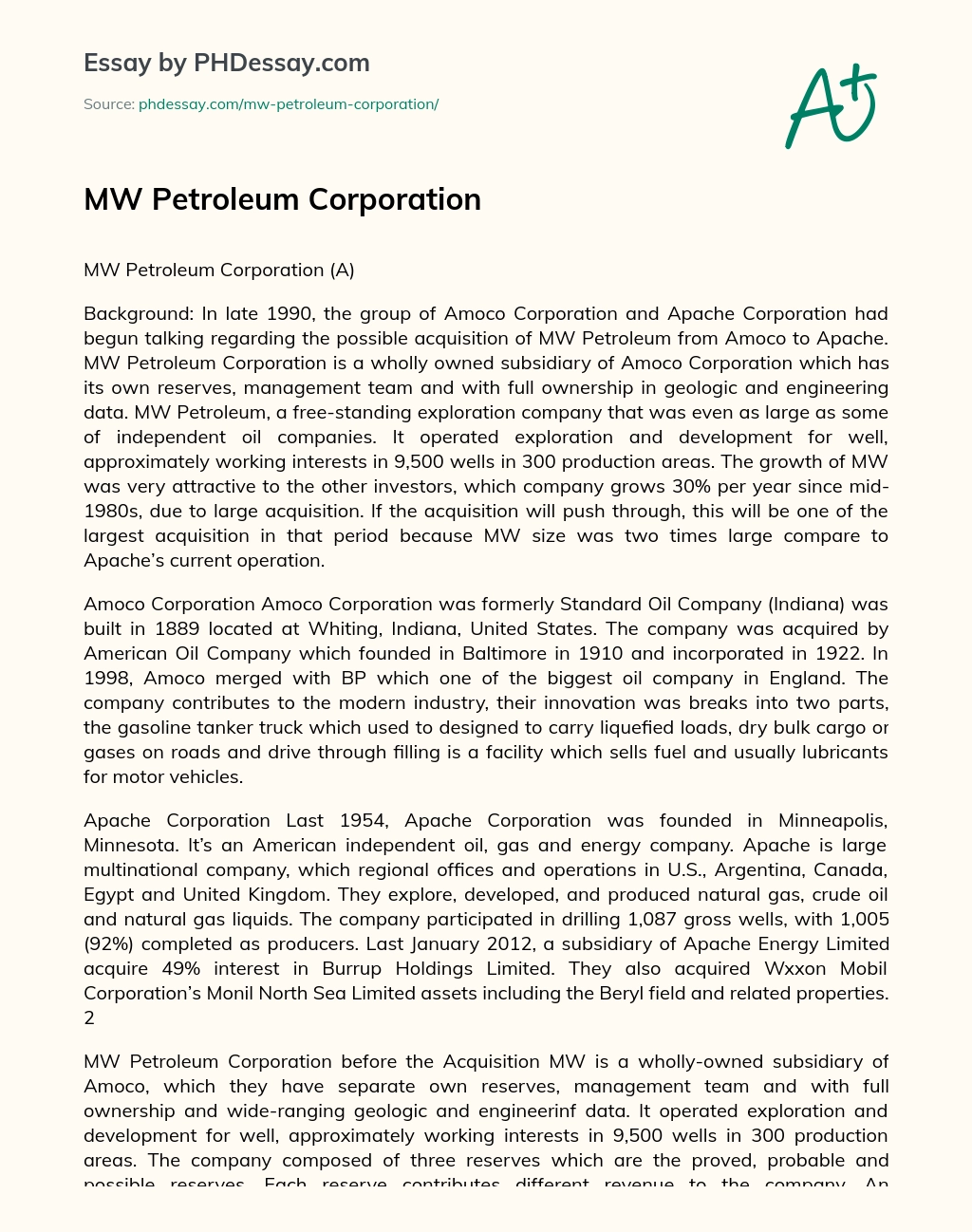 MW Petroleum Corporation essay