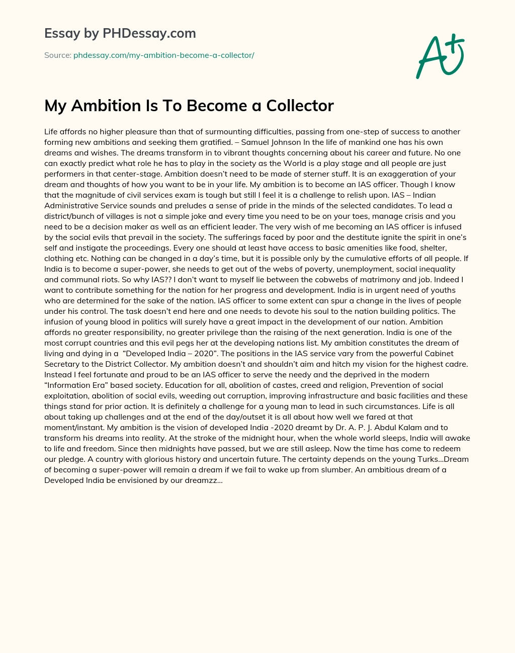 My Ambition Is To Become a Collector essay
