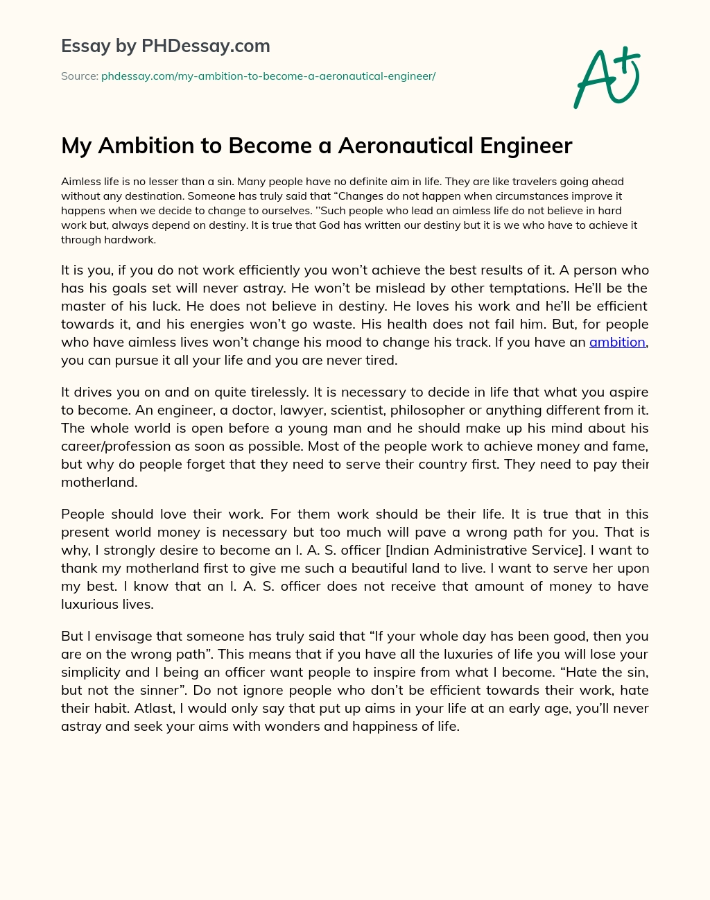 My Ambition to Become a Aeronautical Engineer essay