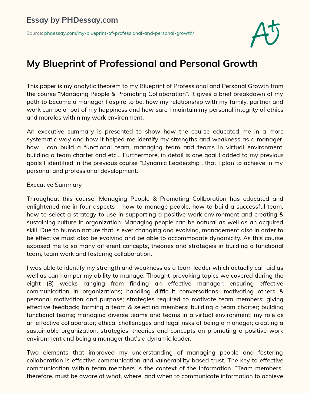 My Blueprint of Professional and Personal Growth essay