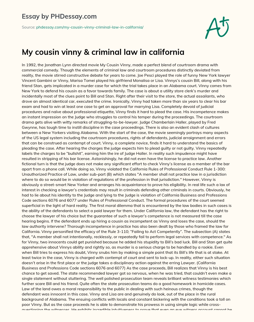 My cousin vinny & criminal law in california essay
