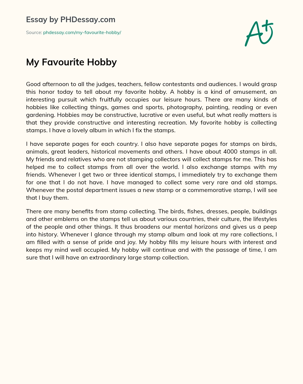 my favourite hobby essay 300 words pdf