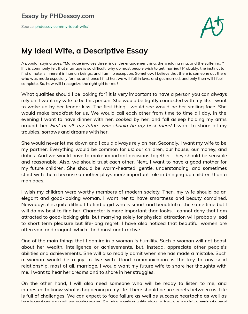 My Ideal Wife, a Descriptive Essay essay