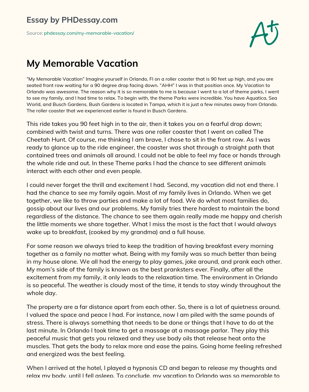 My Memorable Vacation essay