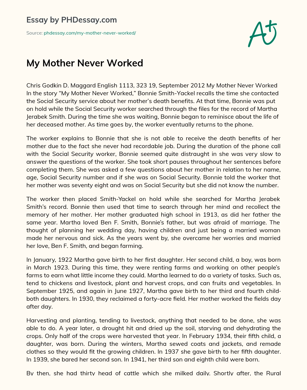 My Mother Never Worked essay