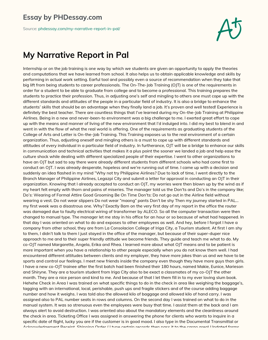 My Narrative Report in Pal essay