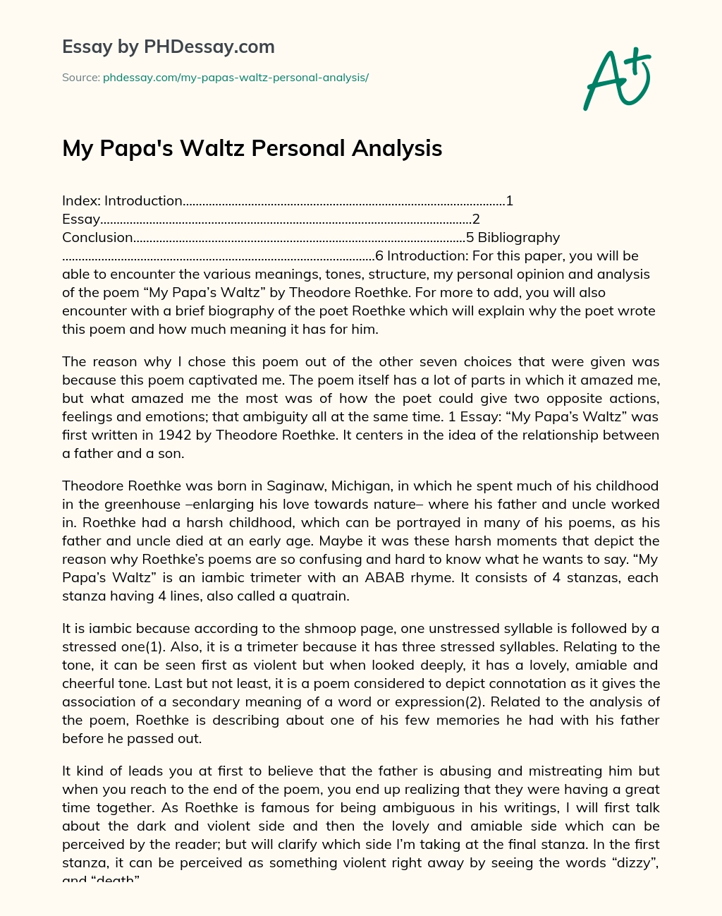 My Papa’s Waltz Personal Analysis essay