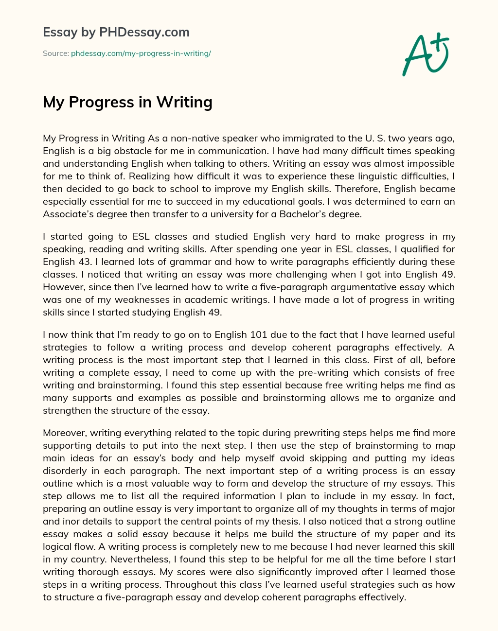 My Progress in Writing essay
