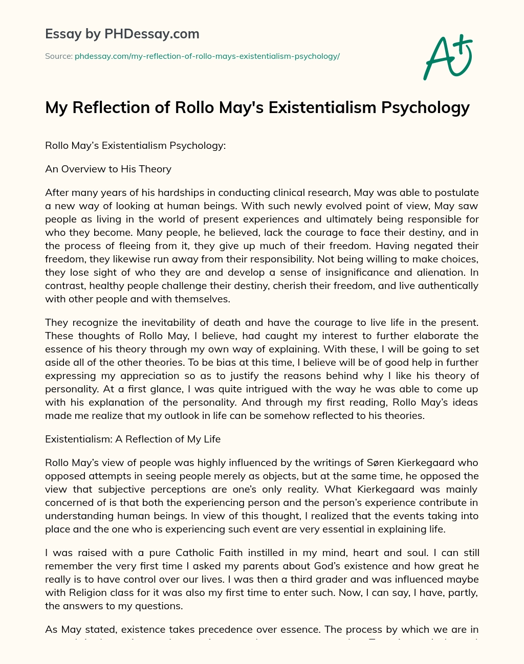 My Reflection of Rollo May’s Existentialism Psychology essay