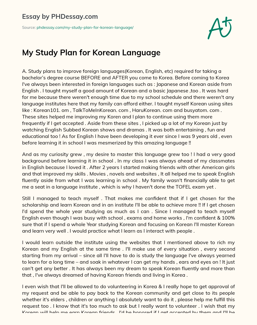 My Study Plan for Korean Language essay