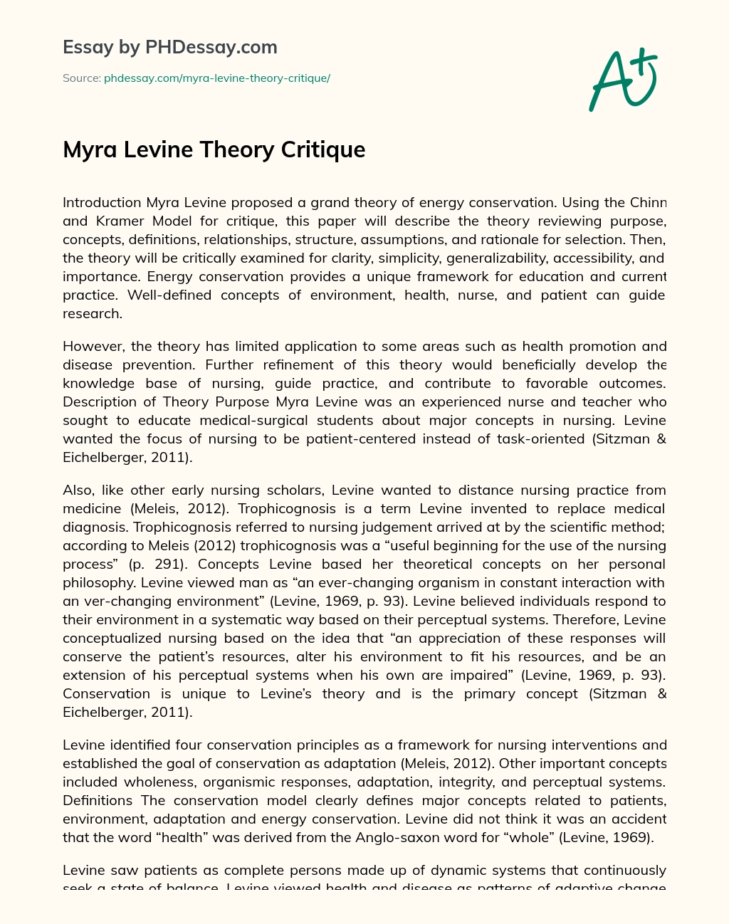 Myra Levine Theory Critique essay