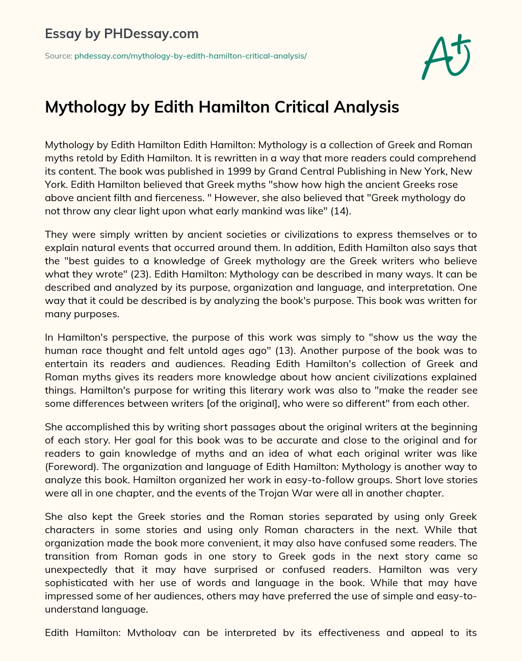 Mythology by Edith Hamilton Critical Analysis essay