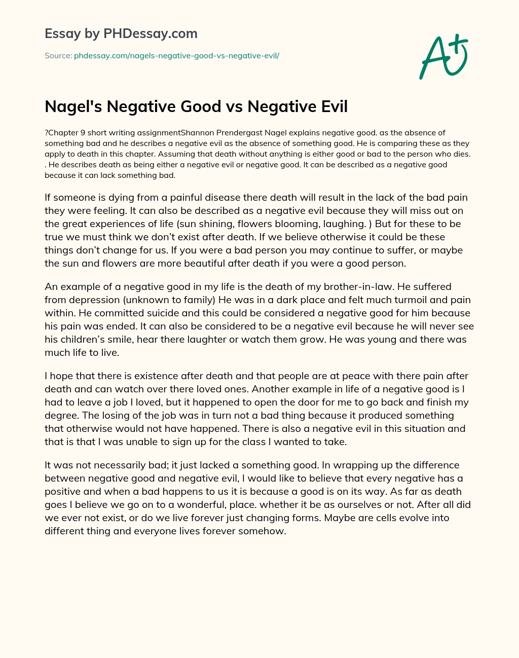 Nagel’s Negative Good vs Negative Evil essay