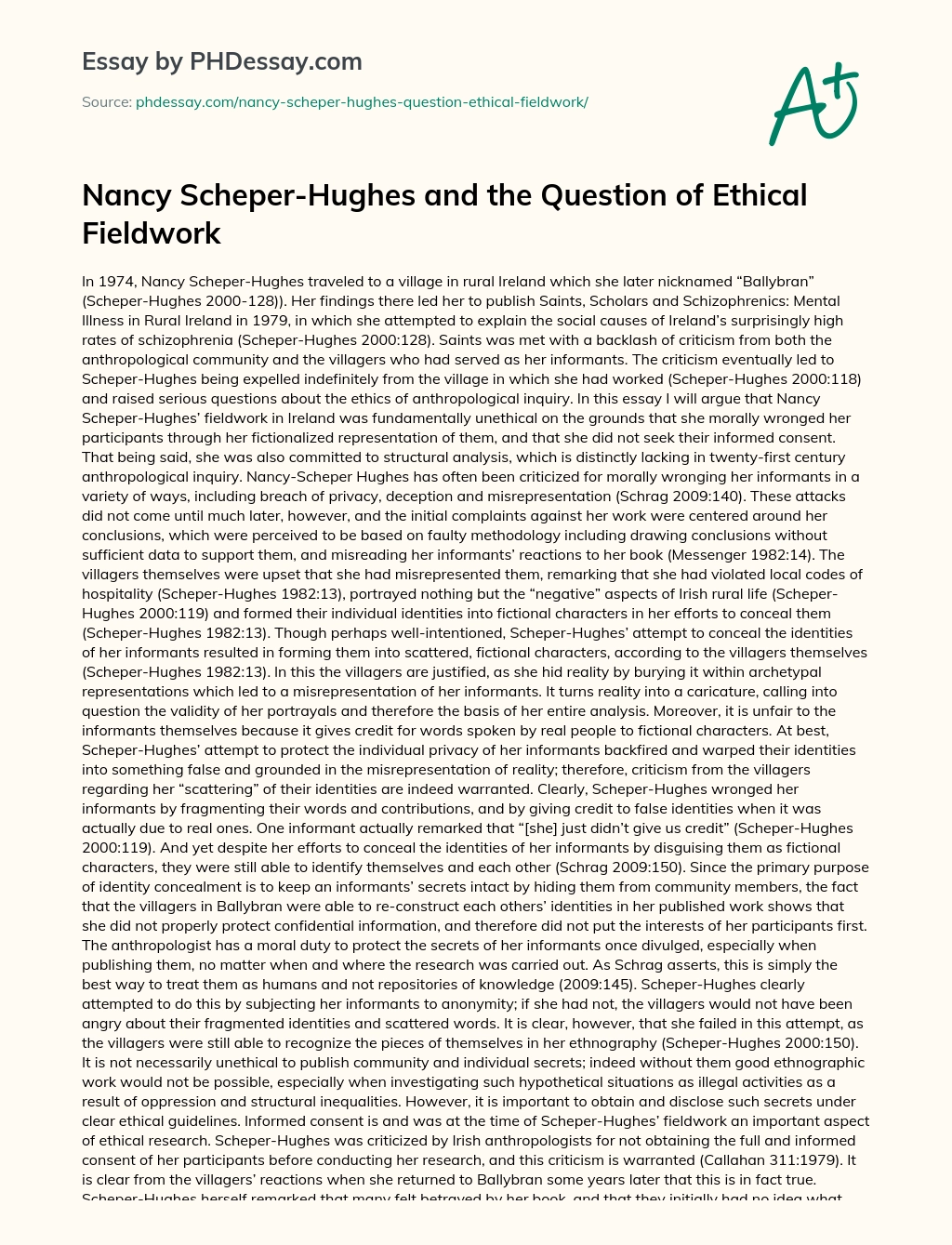 Nancy Scheper-Hughes and the Question of Ethical Fieldwork essay