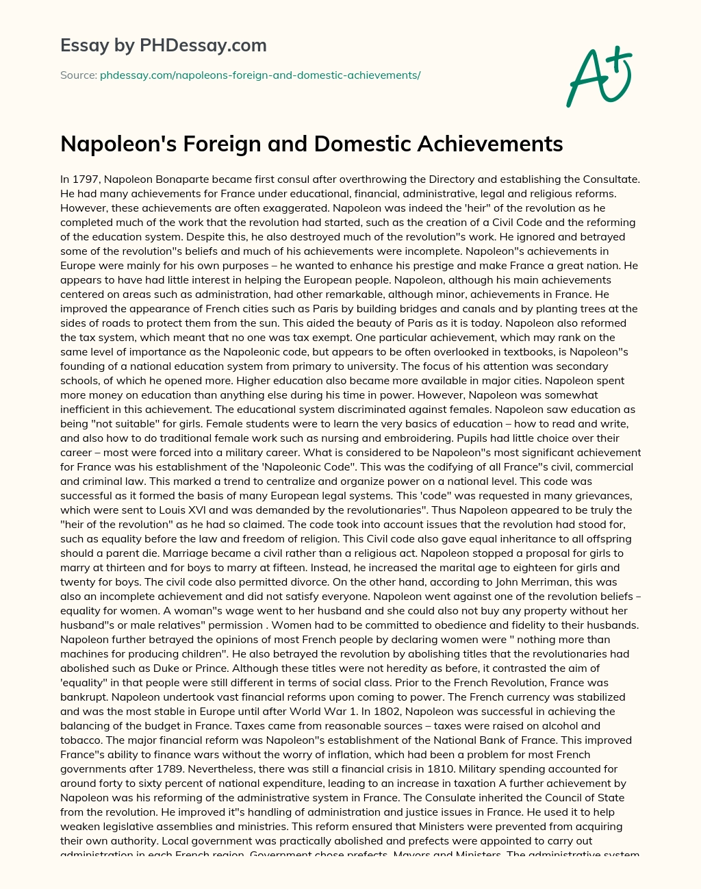 Napoleon’s Foreign and Domestic Achievements essay