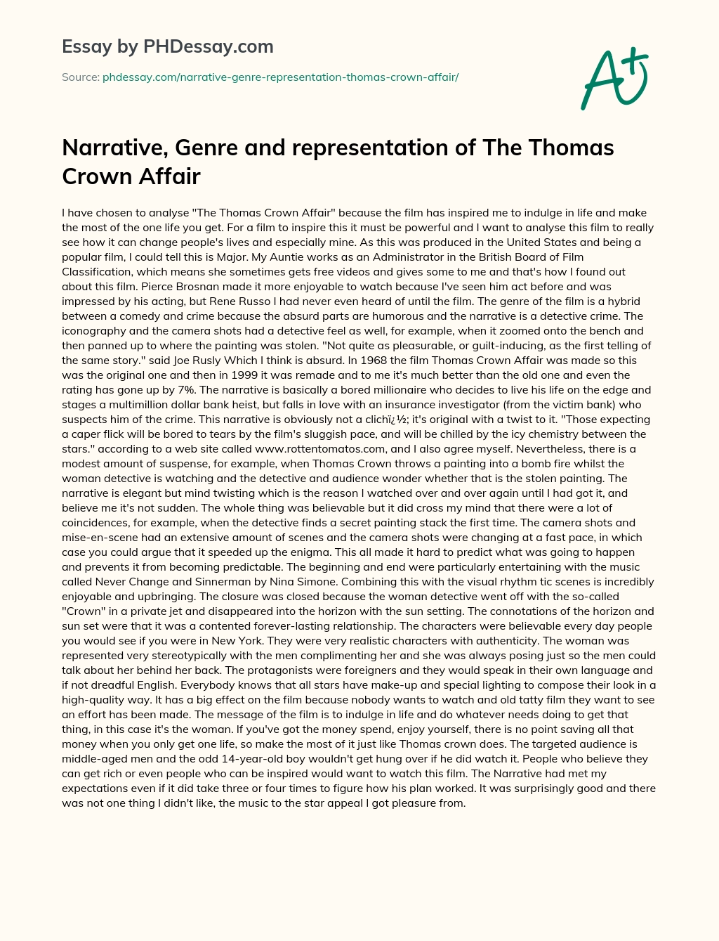 Narrative, Genre and representation of The Thomas Crown Affair essay