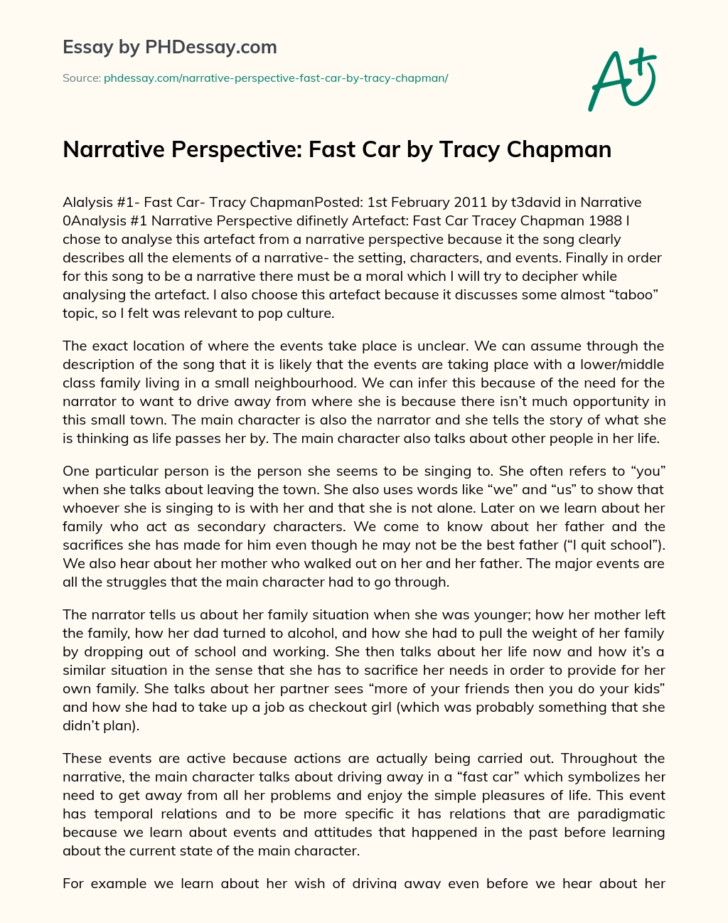Narrative Perspective: Fast Car by Tracy Chapman essay