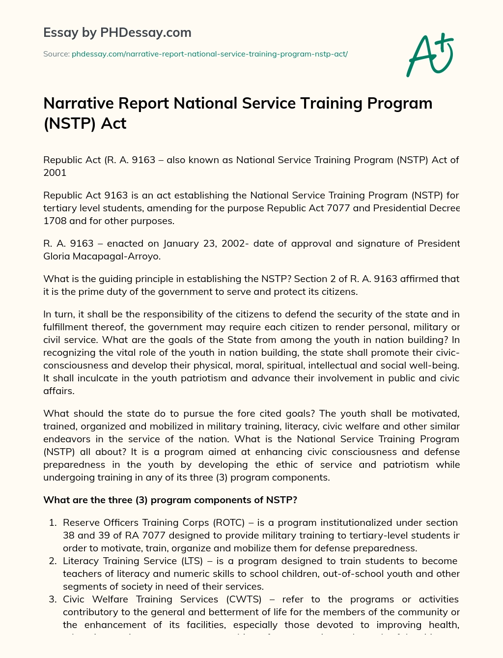 Narrative Report National Service Training Program (NSTP) Act essay
