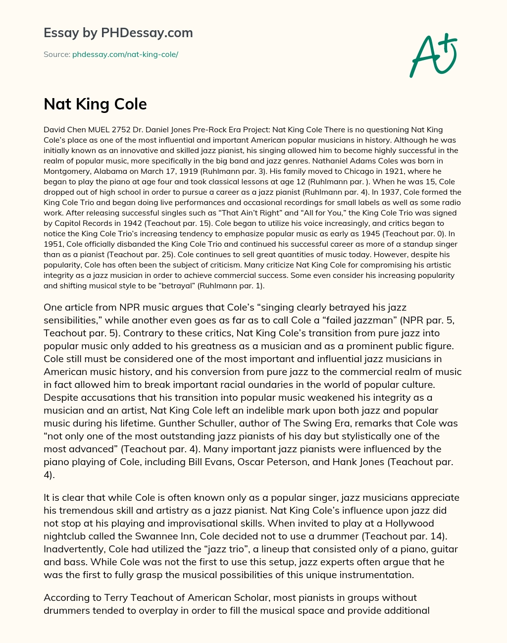Nat King Cole essay