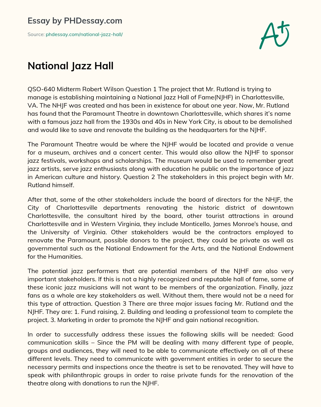 National Jazz Hall essay