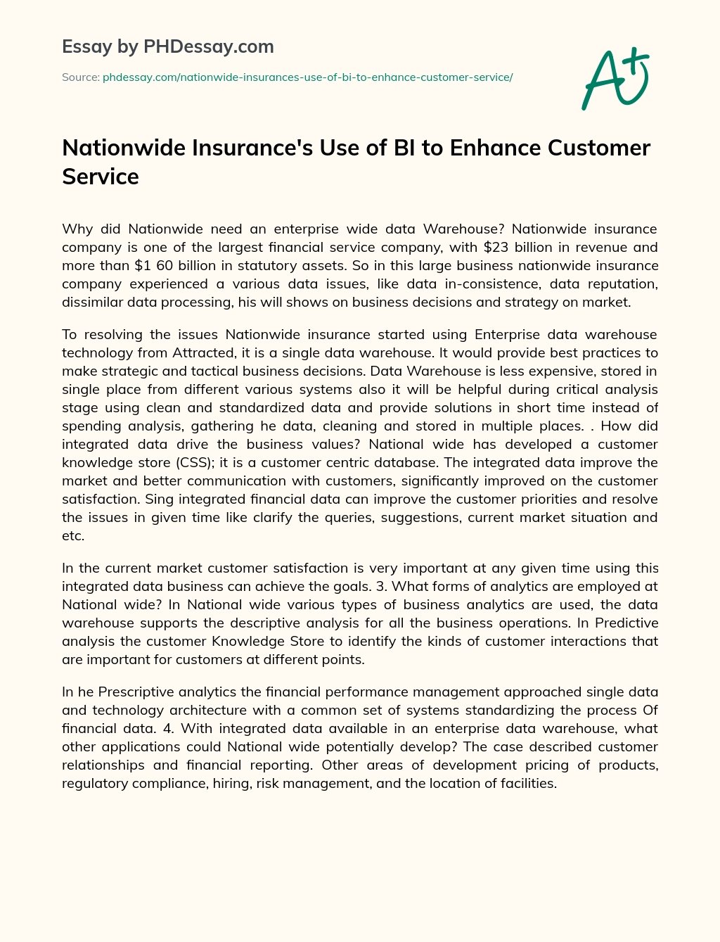 Nationwide Insurance’s Use of BI to Enhance Customer Service essay